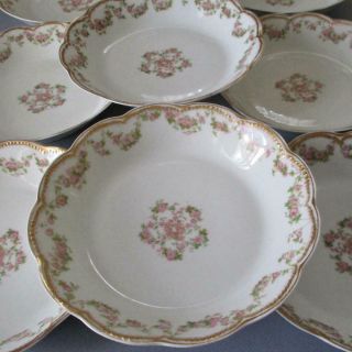 Set 9 Antique Haviland Porcelain Bowls Pink Rose Swags Double Gold Schleiger 270