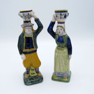 Antique French Faience Henriot Quimper Man And Woman Figures Candlesticks,  Nr