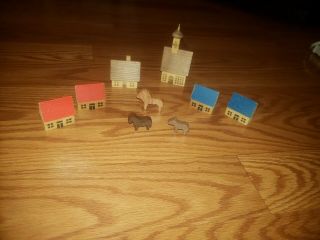Vintage German Wood Miniature Village Church Houses Animals Putz