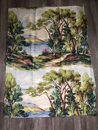 Vintage Mid Century Barkcloth Fabric Remnant Landscape Lake & Trees " X "