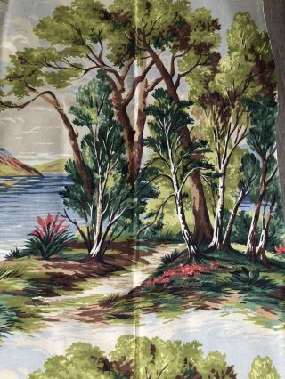 Vintage Mid Century Barkcloth Fabric Remnant Landscape Lake & Trees 