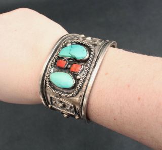 Antique American Western Navajo Indian Silver Turquoise & Coral Cuff Bracelet Nr