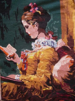 Completed Vintage Cotton Needlepoint Tapestry " The Reader " Fragonard 26 " X18 "