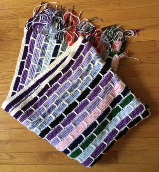 Vtg Colorful Hand Knit Crochet Granny Afgan Blanket Throw Approx 80”x 36”
