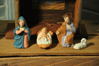Vintage Japanese Nativity Set 4 Figures & Creche Hand Painted Papier Mache Japan 2