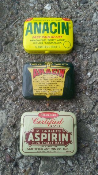 Vintage Aspirin Tablet Tins With Anacin And Certified Brand.
