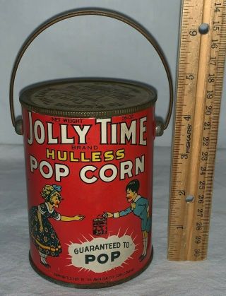 Antique Jolly Time Popcorn 1927 Tin Litho Pail Can Little Boy Girl Sioux City Ia