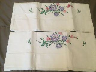 Vintage Pair Pillowcases Hand Embroidered Flowers Lavender Purple Pinks