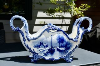 Antique Franz Anton Mehlem Royal Bonn Blue & White Jardiniere/centrepiece