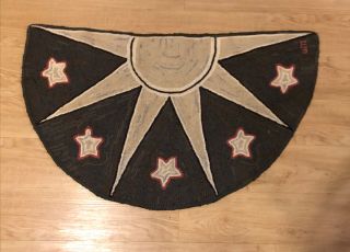 Antique Folk Art Hand Hooked Rug Sun Stars Primitive Signed Fresh From Estate