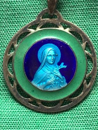 † Antique Sterling St Therese Blue Green Guilloche Enamel Pendant 1 " & Chain †