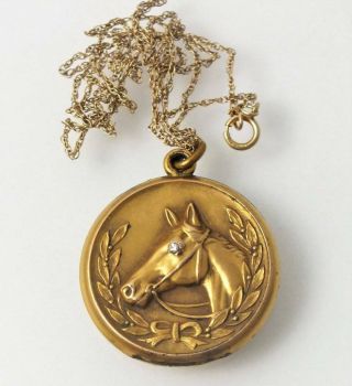 VICTORIAN ANTIQUE GOLD FILLED H&H REPOUSSE HORSE HEAD PHOTO LOCKET DIAMOND EYE 2