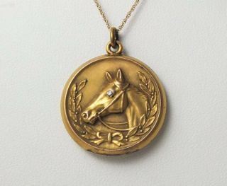 VICTORIAN ANTIQUE GOLD FILLED H&H REPOUSSE HORSE HEAD PHOTO LOCKET DIAMOND EYE 3