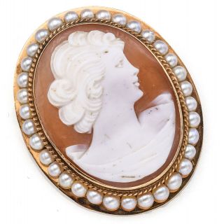 Antique 14k Yellow Gold Cameo Shell & Sea Pearl Brooch Pin Pendant 10.  8 Grams