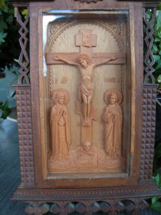 19c Antique Hand Carved Wooden Icon