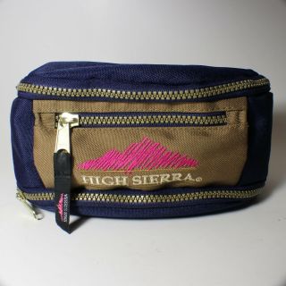 Vtg 90s High Sierra Fanny Navy Blue Brown Waist Bag Zipper Hip