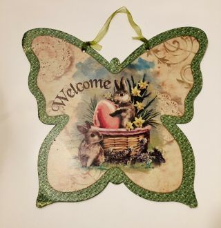 Victorian Style Easter Cardboard Butterfly Welcome Decoration Egg Bunnies Vtg