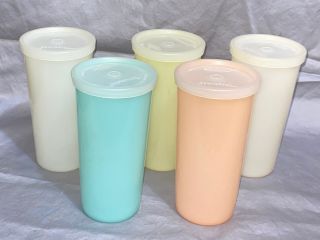 Set Of 5 Vintage Tupperware Tumblers 9 Oz Drinking Cups 116 Pastel & Lids
