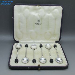 Asprey & Co Cased Set 6 Solid Sterling Silver Coffee Bean Top Spoons 44g 1926