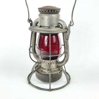Rare Antique Dietz Boston Maine Railroad Lamp With Red Glass Shade
