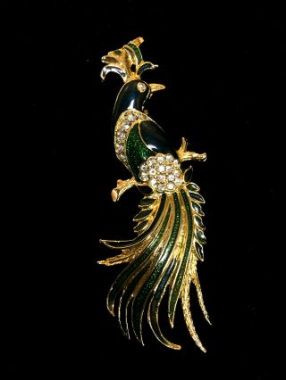 Vintage Gold Tone Bird Of Paradise Rhinestone Brooch Pin W/ Blue & Green Enamel