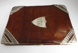 Large English Antique 1912 Solid Sterling Silver & Crocodile Skin Wallet