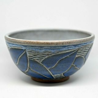Vintage Hand Thrown Studio Pottery Bowl Carved Leaves Susanne Ries