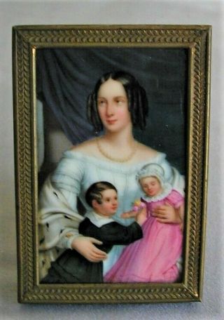 Antique Framed Miniature Portrait Painting Of A Lady & Two Children On Porcelain