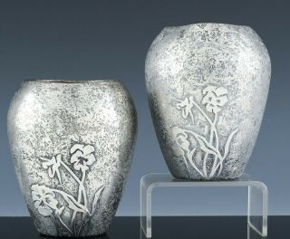 Pair C1910 Arts & Crafts Otto Heintz Sterling Silver On Bronze Cabinet Vases