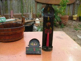 Antique 19thc.  American Primitive Painted Tin Candle Holder & Match Holder