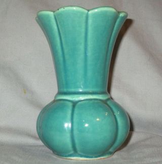 Vintage Mccoy Green Mini Bulbous Flared Vase 5 " Ribbed Pottery Shawnee ? Usa
