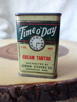 Antique Time O Day Cream Tartar Spice Tin Jordan Stevens Co Minn Mn Clock Face
