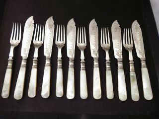 Ornate Victorian 12 Piece Mother Of Pearl & Silver Plate Fish Cutlery Set