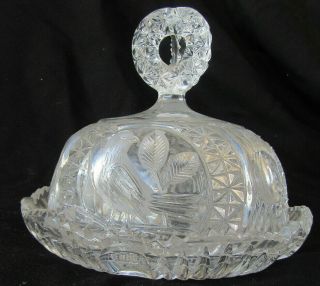 Vintage Hofbauer Cut Glass Birds Crystal Dome Round Covered Butter - Cheese Dish