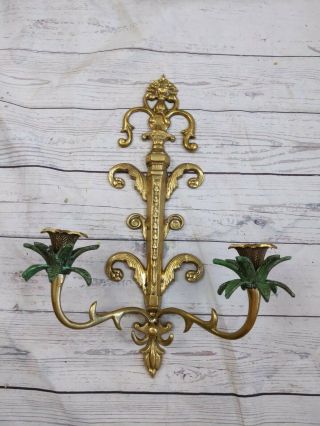 Vintage Brass Palm Tree Candle Stick Holder 16.  5 " Tall 11 " W