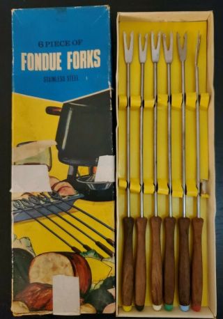Vintage Fondue Forks 6 Piece Boxed Set Stainless Steel Wood Handle Made In Japan