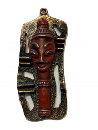 Vintage Red Enamel Copper Toned Asian Aztec Tribal Smiling God Deity Pendant