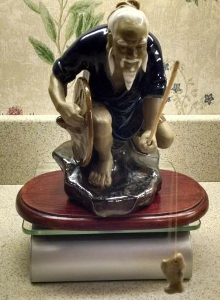 Vintage Glaze Chinese Pottery Shiwan Mudman Fisherman Figurine Marked