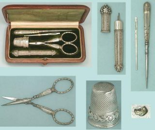 Antique French Silver Sewing Set W/ Thimble,  Scissors.  Needle Case,  Etc.  C1890
