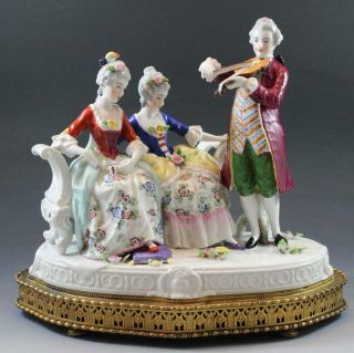 Antique German Dresden Porcelain Figural Group Tableau Court Scene W/ Music Box