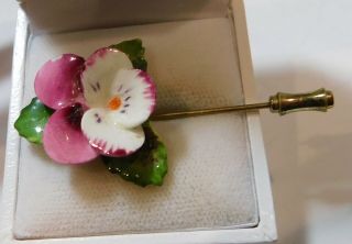 British Vintage Painted Bone China Stick Pin Red White Pansy Gold Brooch