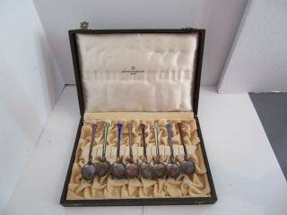 David Andersen Sterling Silver Norway Enamel Set/8 Demitasse Spoon Box