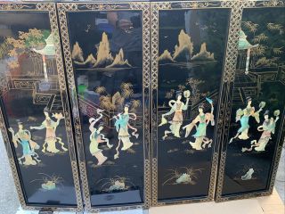 Antique Chinese Mother Of Pearl,  Black Lacquer 4 Panels Wall Decor 36’ Tall 12’w