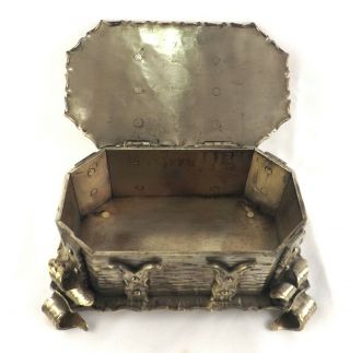 Arts and Crafts Box Gothic Silvered Brass Antique Jewellery Ring Chest 1920 3