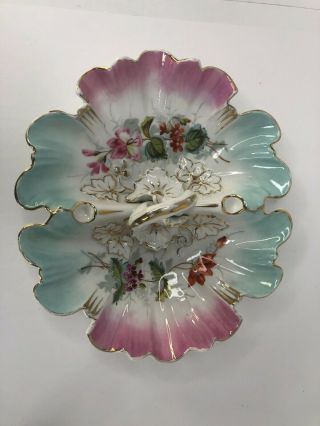 Vintage C.  T.  Germany Divided Porcelain Gold Trimmed Handled Candy Nut Dish Tray