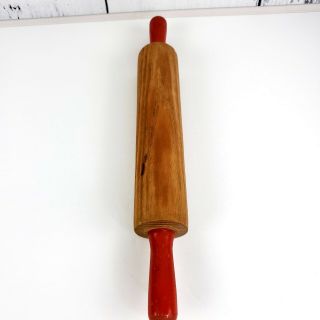 Vintage Wooden Rolling Pin 16.  5 " Red Wood Handles Farmhouse Rustic