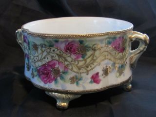 Exquisite Antique Nippon Hand Painted Moriage Rose & Gold Patterned Ferner Bowl