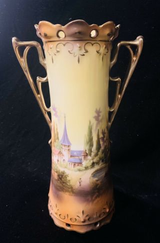 Antique R S Prussia Two - Handled Vase,  Castle Scene