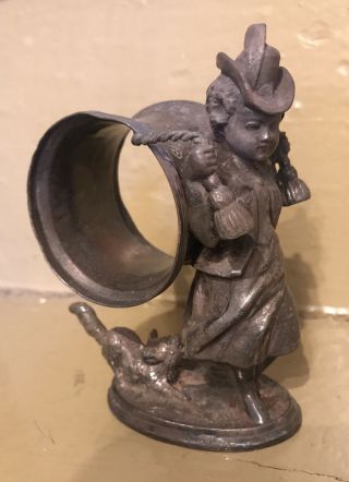 Reed & Barton Silverplated Figural Napkin Ring Victorian C 1875 Girl With Dog