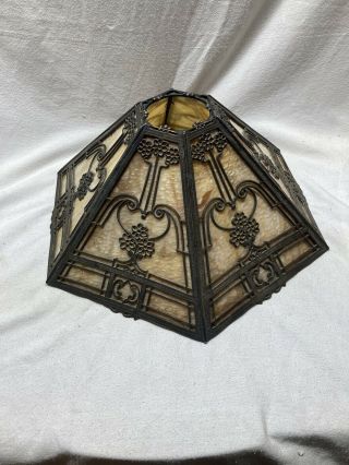 Antique Arts Crafts Mission Slag Glass Floral 6 Panel Lamp Shade 2